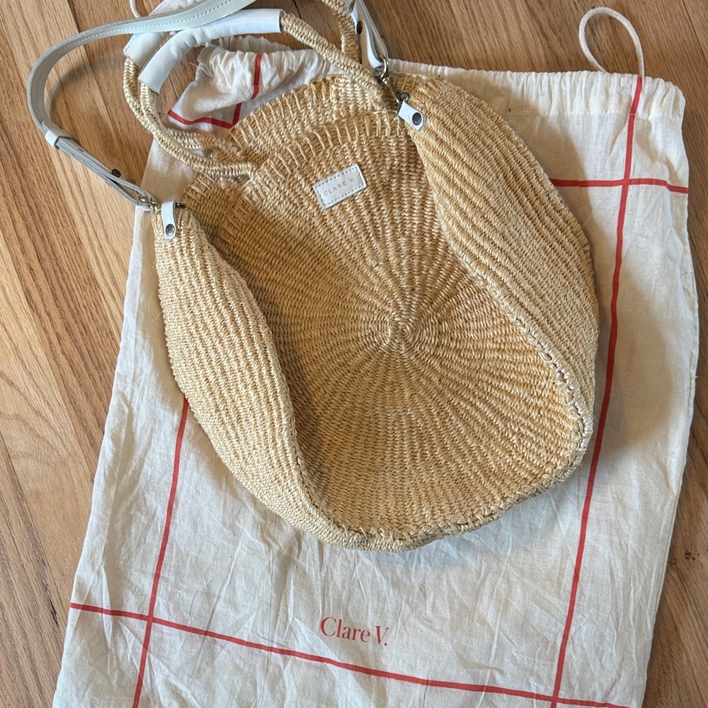 Clare V Alice Natural Woven Round Straw Tote with White Straps beach bag